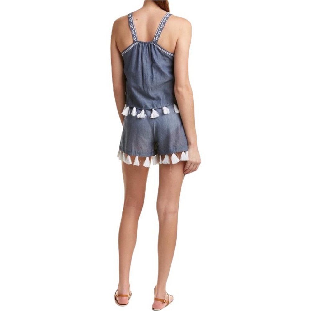 Shoshanna Swimwear Blue & White Embroidered Tassel Romper Shorts Cover U… - Picture 3 of 15